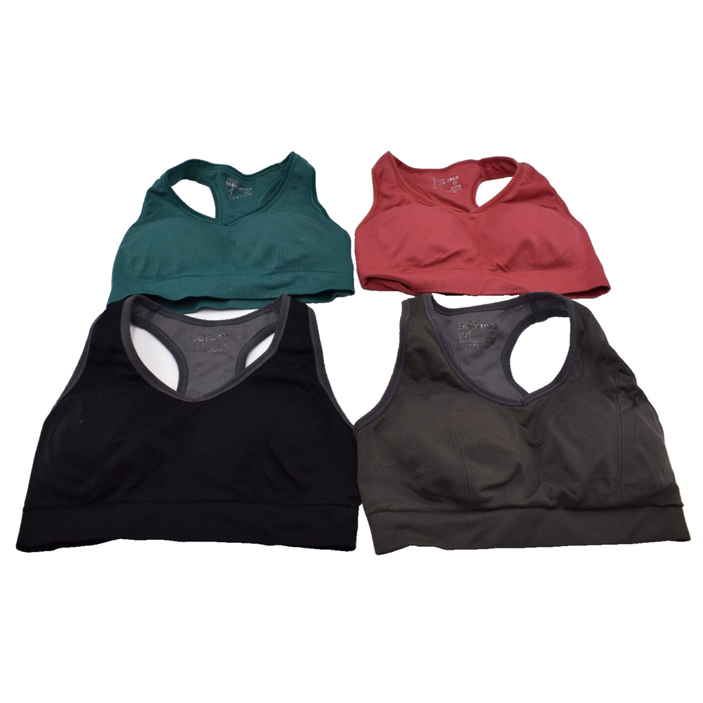4 pk FITTIN Racerback Sports Bras w/ Removable Pads Black Gray Red Green Medium